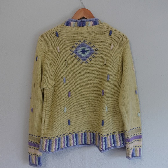 Vintage Coldwater Creek Sweater Med Green Zip Granny Cardigan Aztec Boho Cottage - Picture 2 of 9